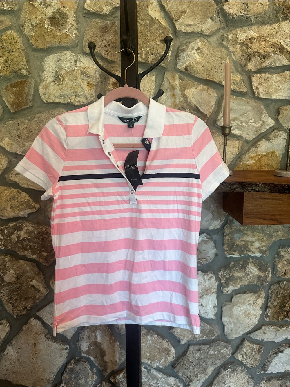Lauren Ralph Lauren Pink & White Striped Polo with Navy Trim